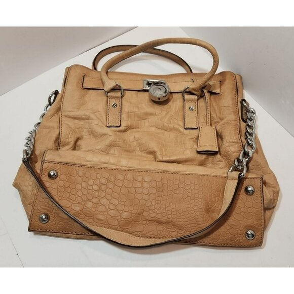 Michael Kors Hamilton Embossed Crocodile Chainlink Neutral Leather Lg Tote Bag - Picture 1 of 13
